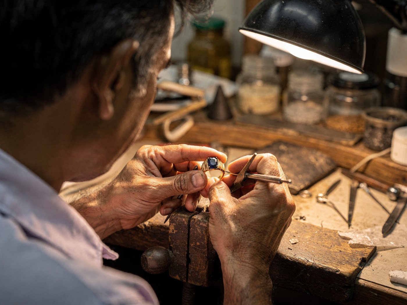 A goldsmith setting a blue sapphire into a gold ring at the bench