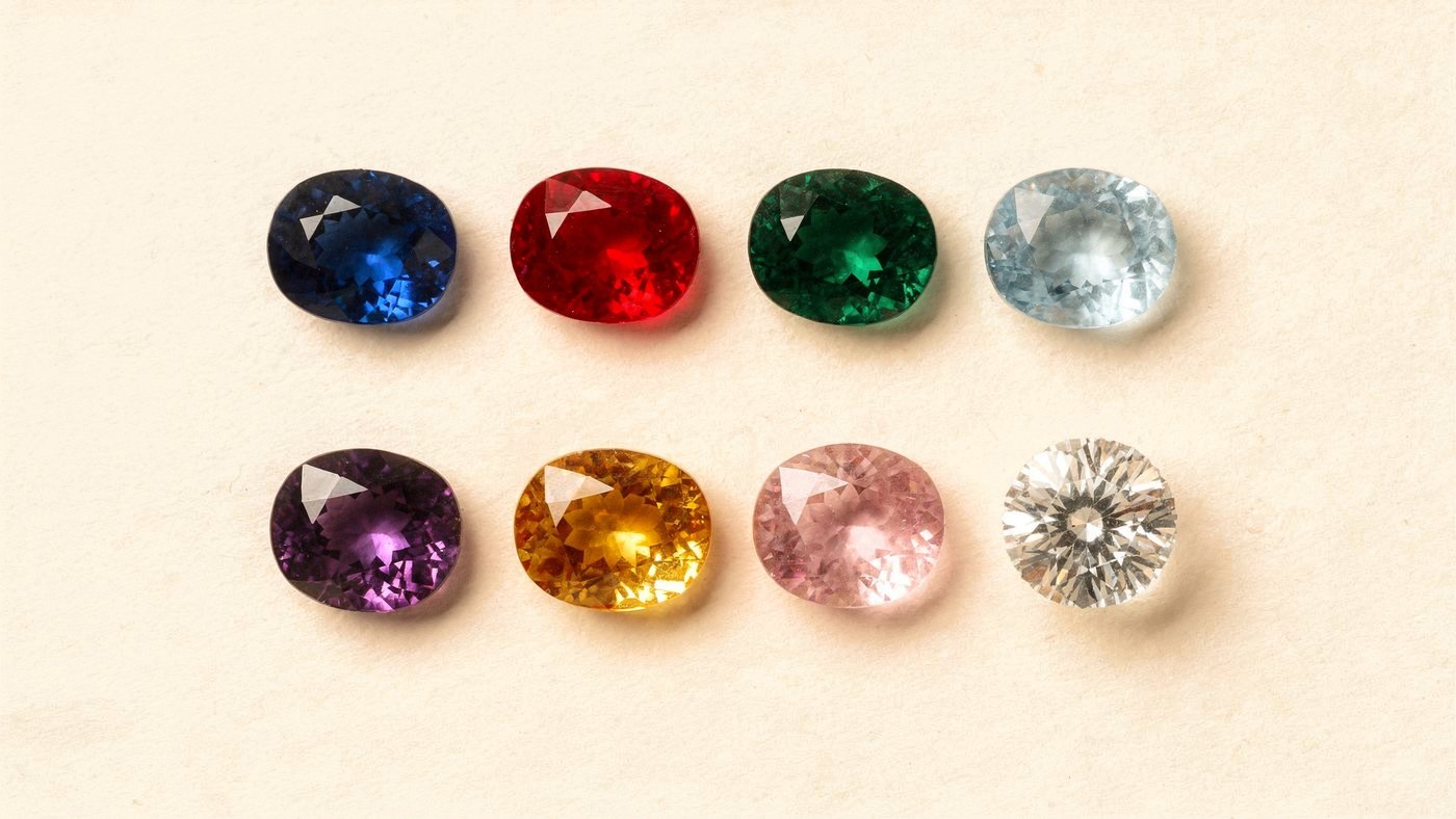 Eight loose faceted gemstones arranged in two rows on a cream ground
