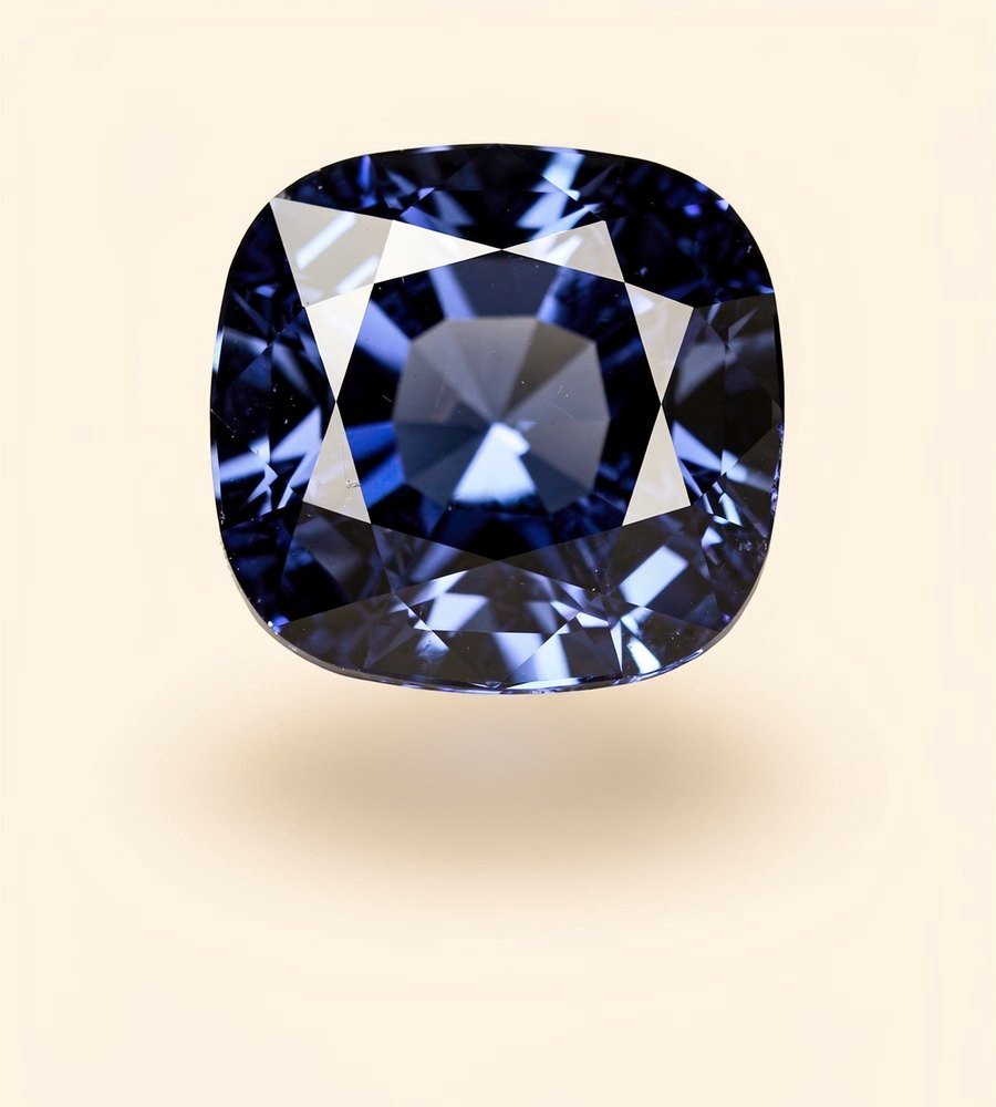 A large cushion cut blue sapphire on a cream ground