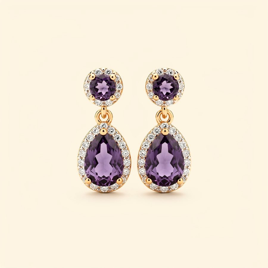 Gold drop earrings set with amethyst and diamonds