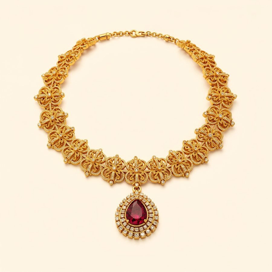 A 916 gold bridal necklace with diamond scrollwork and a ruby drop