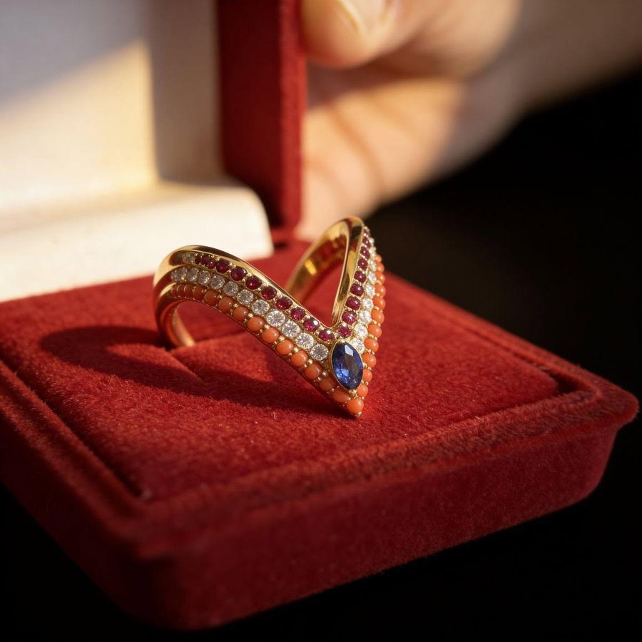 Rose gold chevron ring set with a sapphire and diamonds