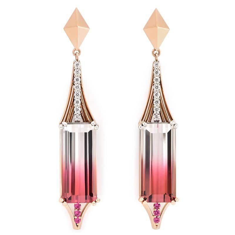 Rose gold drop earrings set with bi-colour tourmaline