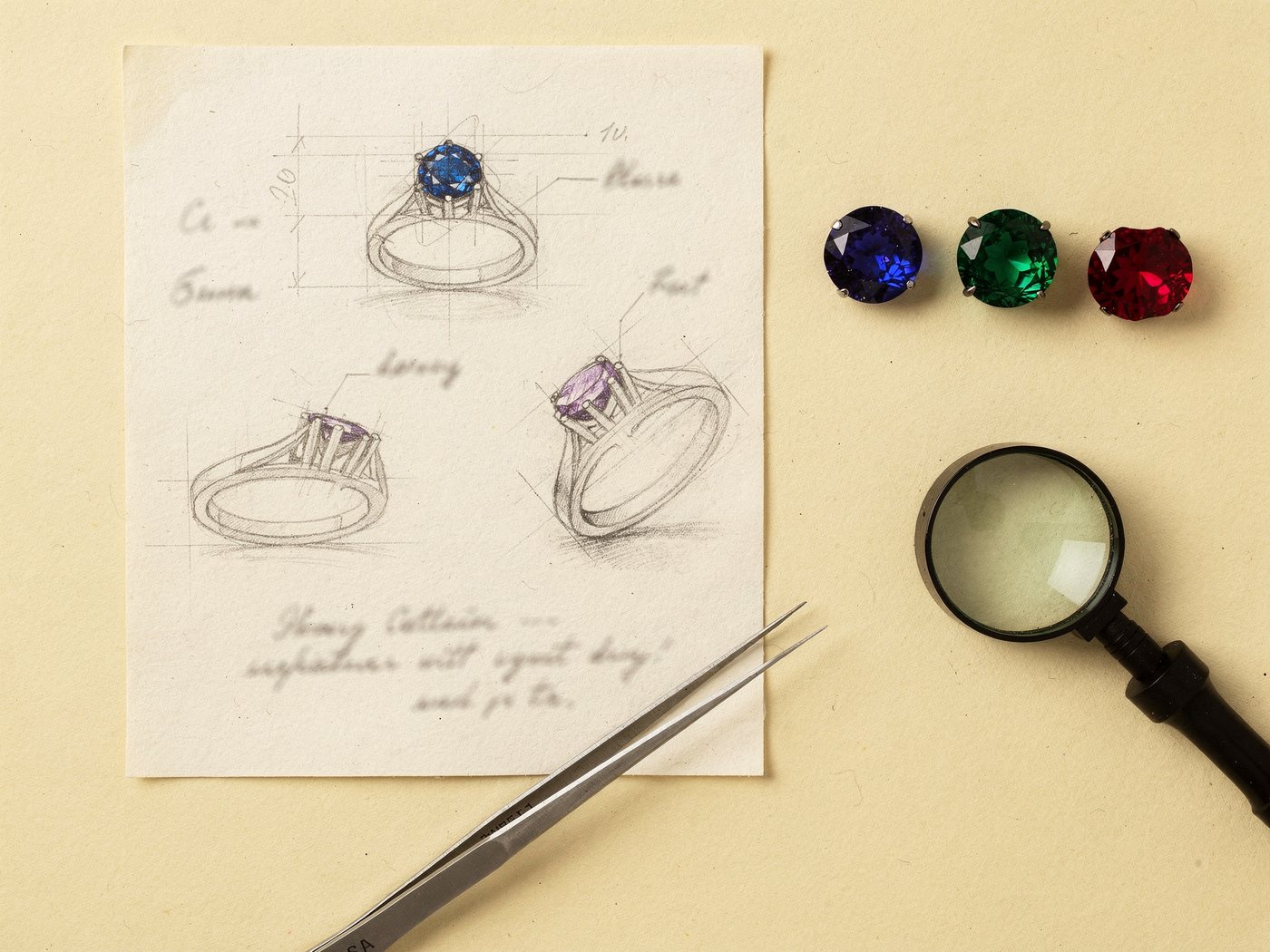 A pencil design sketch of a ring beside loose sapphire, emerald and ruby gemstones