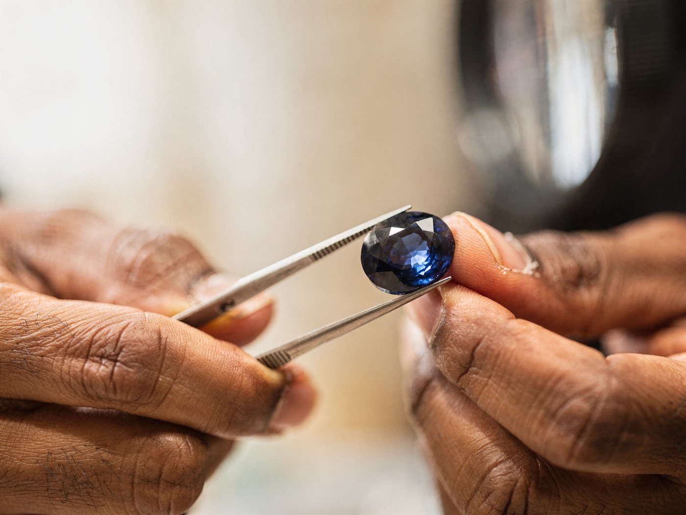 A gemstone dealer inspecting a loose blue sapphire with tweezers and a loupe